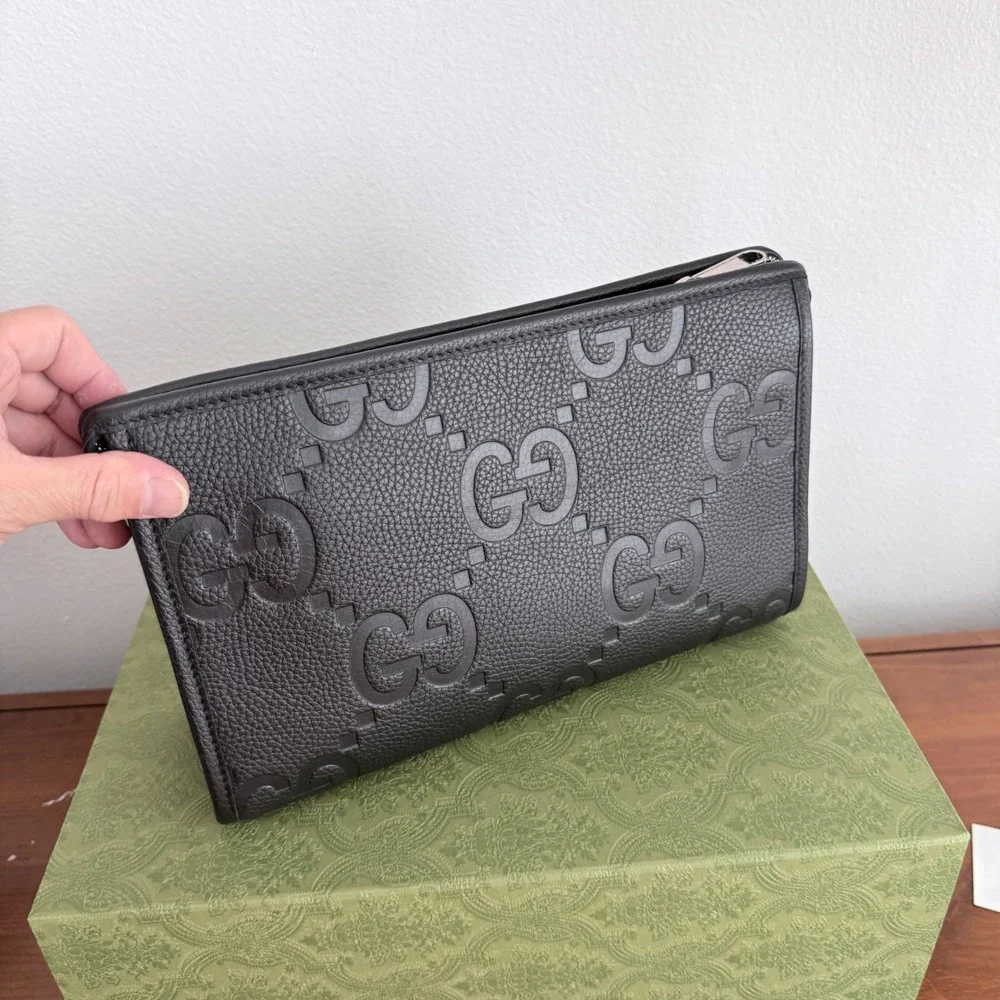 Gucci Mens GG Black Grained Leather Pouch Clutch Bag 739490